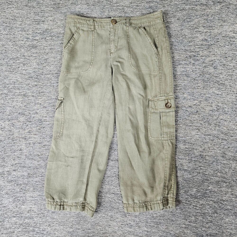 VTG Esprit Flax Linen Cargo Pants Women Sz 2 Green Cropped Beach Casual Y2K Rare